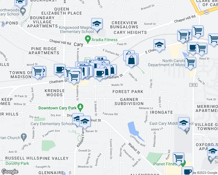 map of restaurants, bars, coffee shops, grocery stores, and more near 217 Waldo Street in Cary
