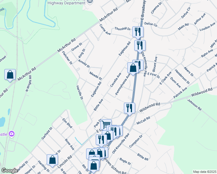 map of restaurants, bars, coffee shops, grocery stores, and more near 2415 Cecelia Avenue in Maryville