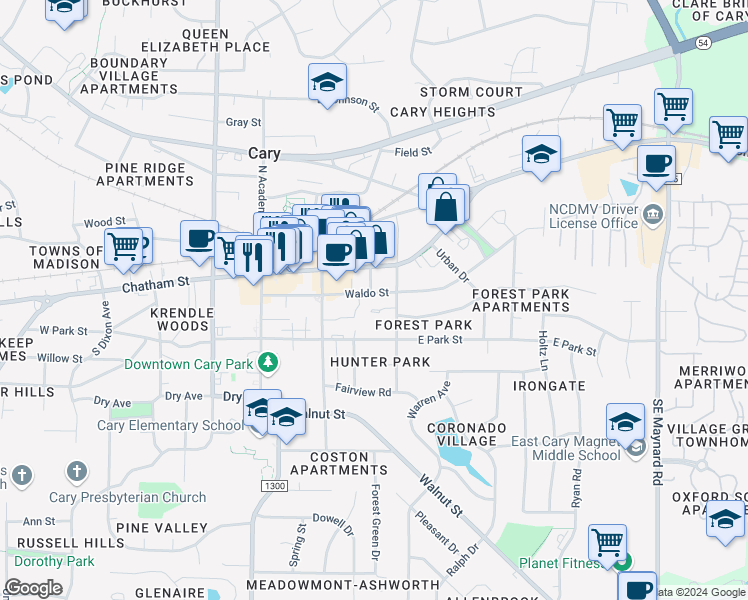 map of restaurants, bars, coffee shops, grocery stores, and more near 226 Waldo Street in Cary