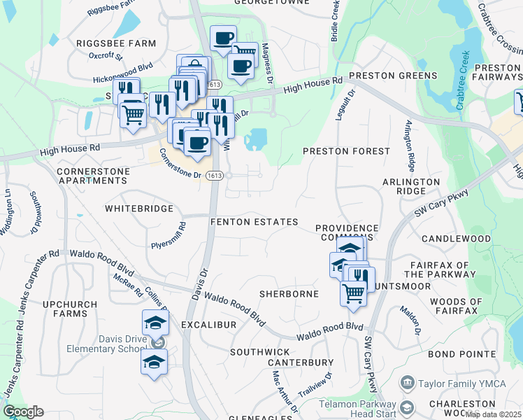 map of restaurants, bars, coffee shops, grocery stores, and more near 117 Hidden Rock Court in Cary