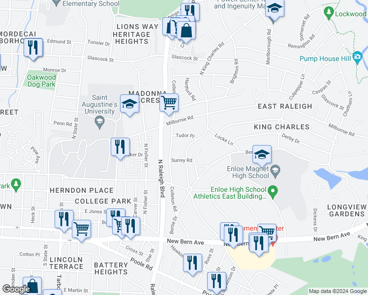 map of restaurants, bars, coffee shops, grocery stores, and more near 415 North King Charles Road in Raleigh