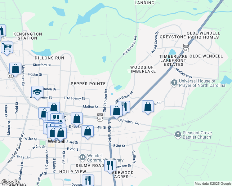map of restaurants, bars, coffee shops, grocery stores, and more near 505 Mugo Pine Court in Wendell