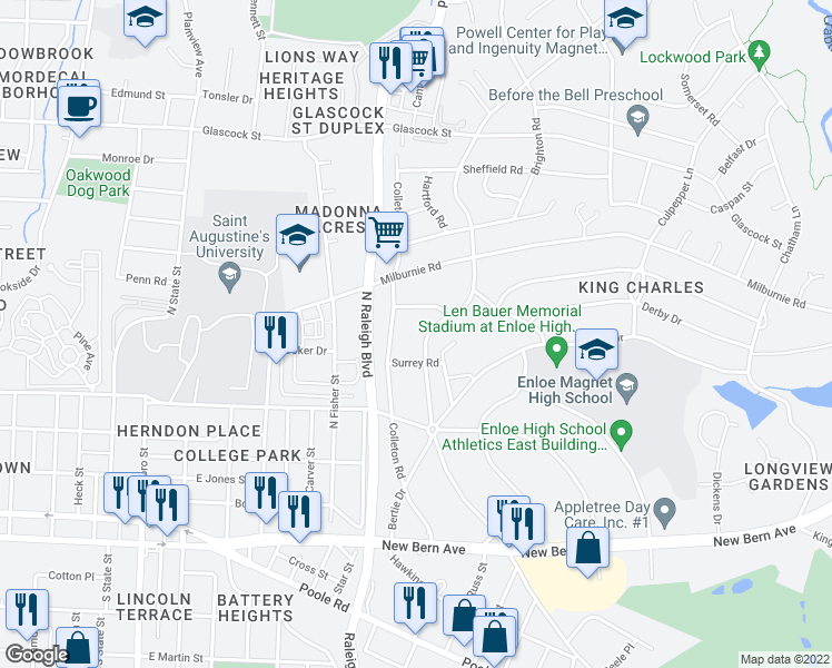 map of restaurants, bars, coffee shops, grocery stores, and more near 415 North King Charles Road in Raleigh