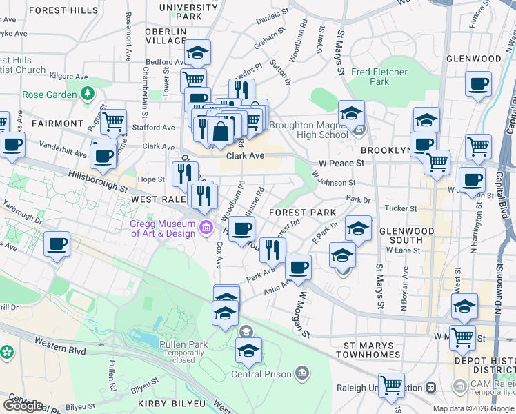 map of restaurants, bars, coffee shops, grocery stores, and more near 219 Hawthorne Road in Raleigh