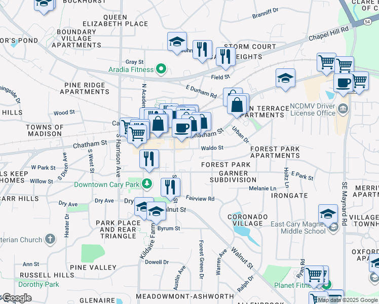 map of restaurants, bars, coffee shops, grocery stores, and more near 212 Waldo St in Cary