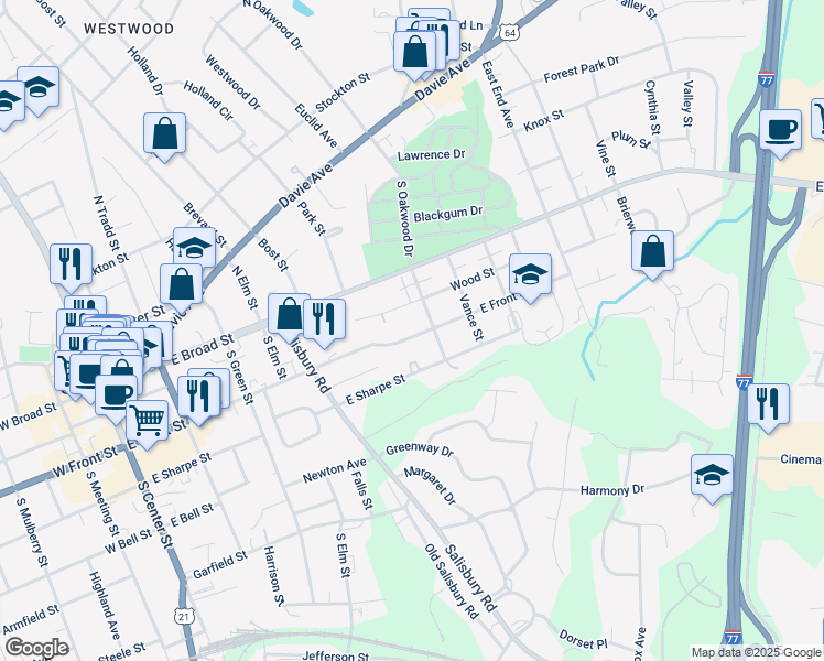 map of restaurants, bars, coffee shops, grocery stores, and more near 645 East Front Street in Statesville