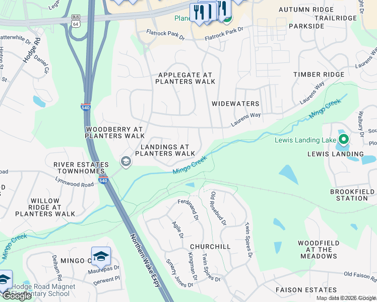 map of restaurants, bars, coffee shops, grocery stores, and more near 1007 Stones Landing in Knightdale