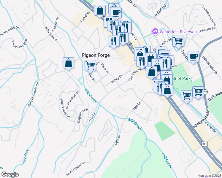map of restaurants, bars, coffee shops, grocery stores, and more near 312 Valley Drive in Pigeon Forge