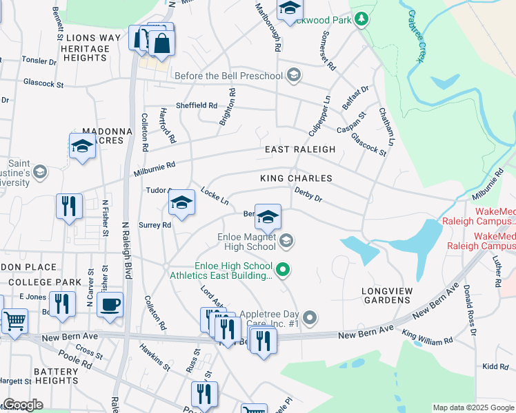 map of restaurants, bars, coffee shops, grocery stores, and more near 2317 Bertie Drive in Raleigh