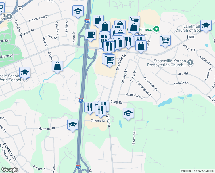 map of restaurants, bars, coffee shops, grocery stores, and more near 310 Eastside Drive in Statesville