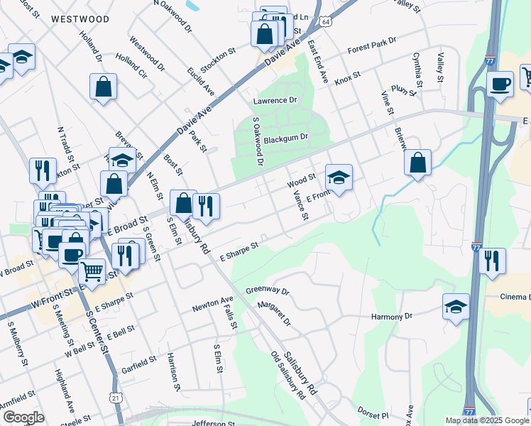 map of restaurants, bars, coffee shops, grocery stores, and more near 647 East Front Street in Statesville
