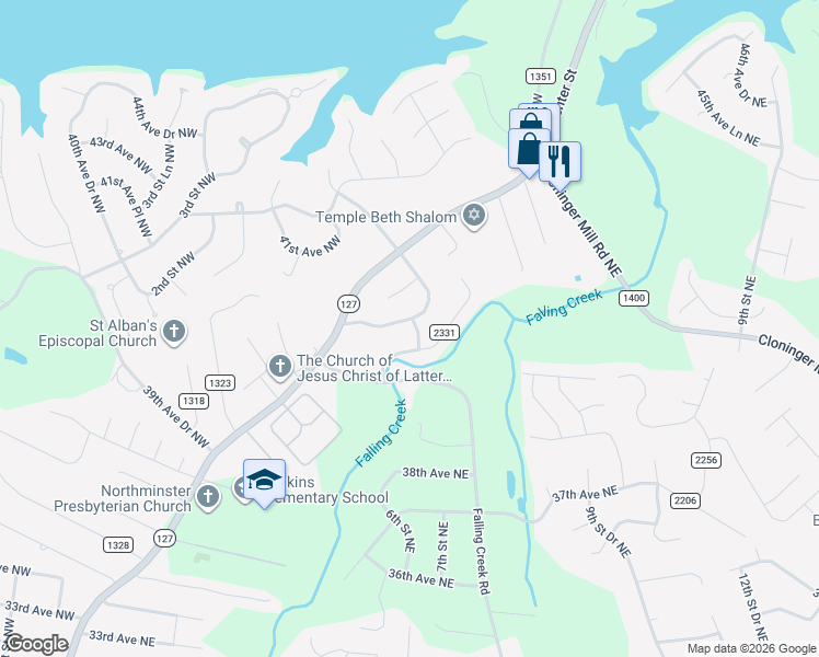 map of restaurants, bars, coffee shops, grocery stores, and more near 115 Holly Hill Drive in Hickory