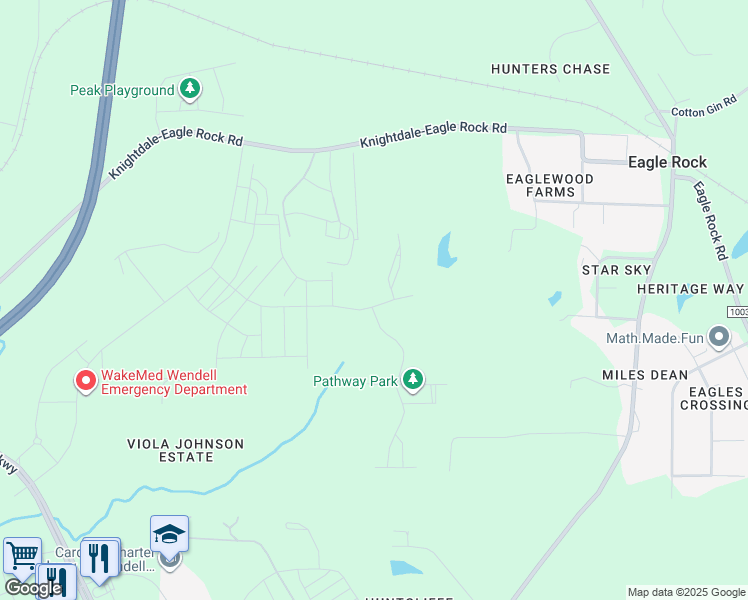 map of restaurants, bars, coffee shops, grocery stores, and more near 1576 Piney Falls Drive in Wendell