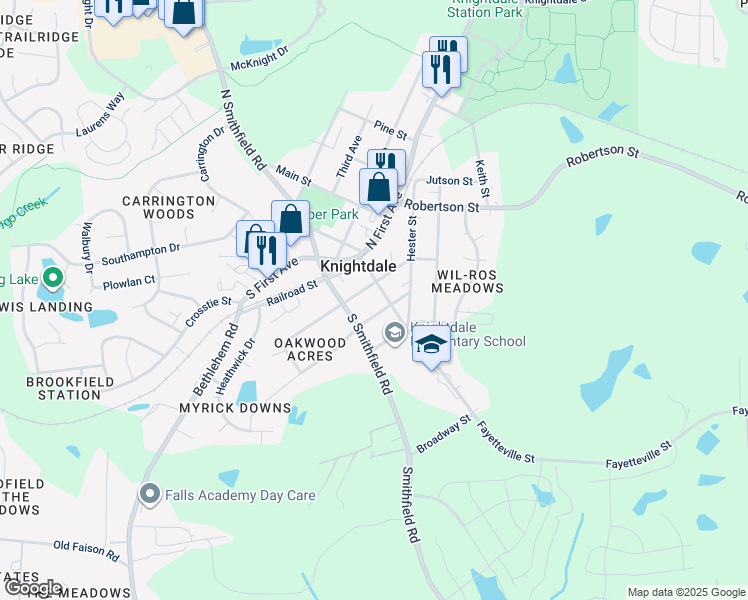 map of restaurants, bars, coffee shops, grocery stores, and more near 117 Park Avenue in Knightdale