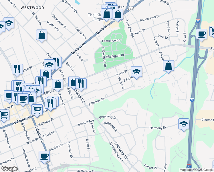 map of restaurants, bars, coffee shops, grocery stores, and more near 647 East Front Street in Statesville