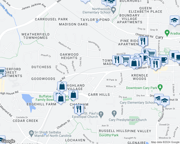 map of restaurants, bars, coffee shops, grocery stores, and more near 530 Old Apex Road in Cary