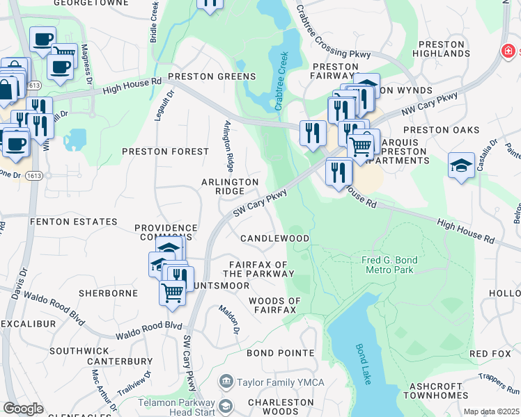 map of restaurants, bars, coffee shops, grocery stores, and more near 100 Lonesome Pine Drive in Cary