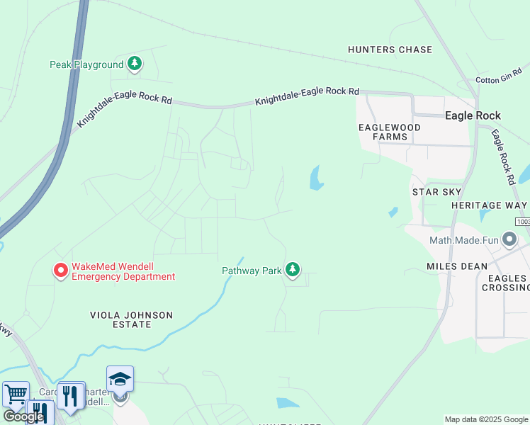 map of restaurants, bars, coffee shops, grocery stores, and more near 1576 Piney Falls Drive in Wendell