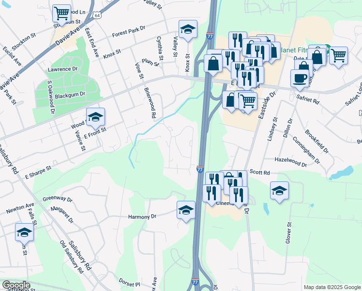 map of restaurants, bars, coffee shops, grocery stores, and more near 315 Glenhaven Road in Statesville