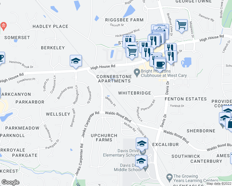 map of restaurants, bars, coffee shops, grocery stores, and more near 312 Gingergate Drive in Cary