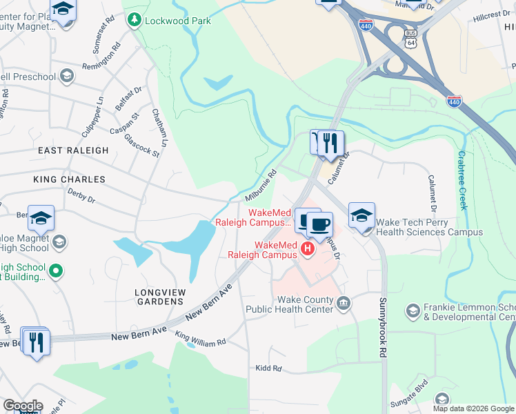 map of restaurants, bars, coffee shops, grocery stores, and more near 2802 Milburnie Road in Raleigh