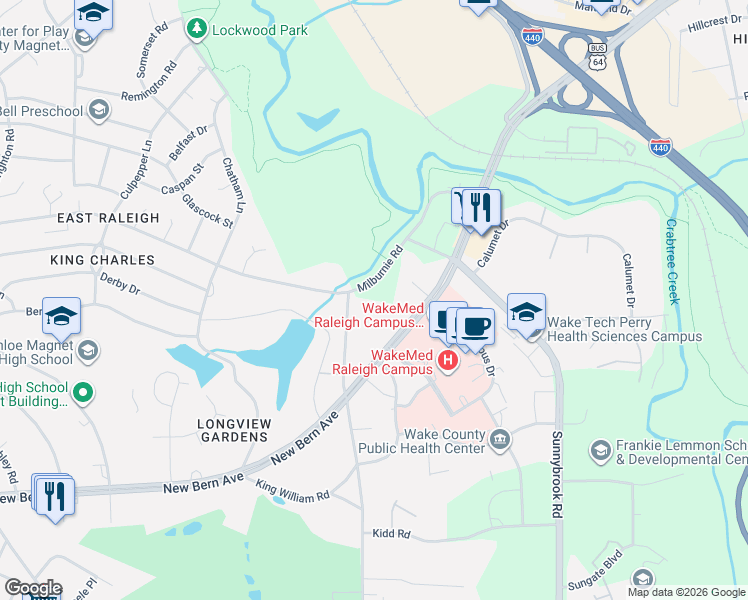 map of restaurants, bars, coffee shops, grocery stores, and more near 2802 Milburnie Road in Raleigh