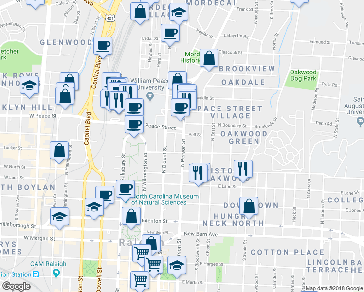 map of restaurants, bars, coffee shops, grocery stores, and more near 531 North Person Street in Raleigh