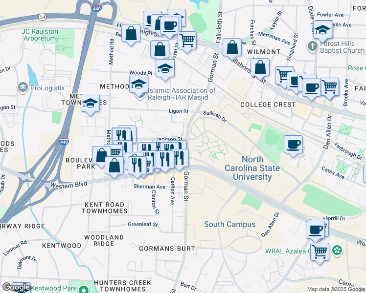map of restaurants, bars, coffee shops, grocery stores, and more near in Raleigh