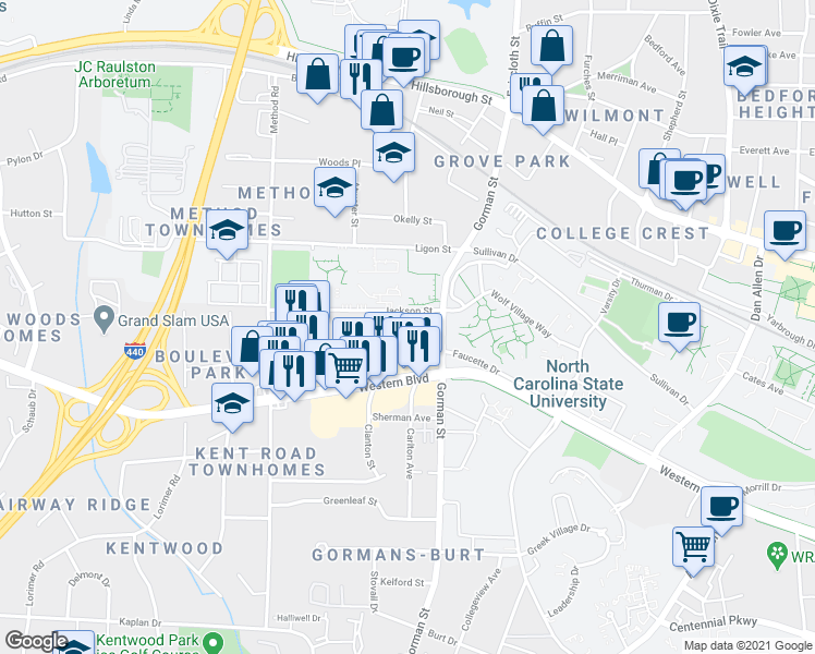 map of restaurants, bars, coffee shops, grocery stores, and more near 3821 Jackson Street in Raleigh