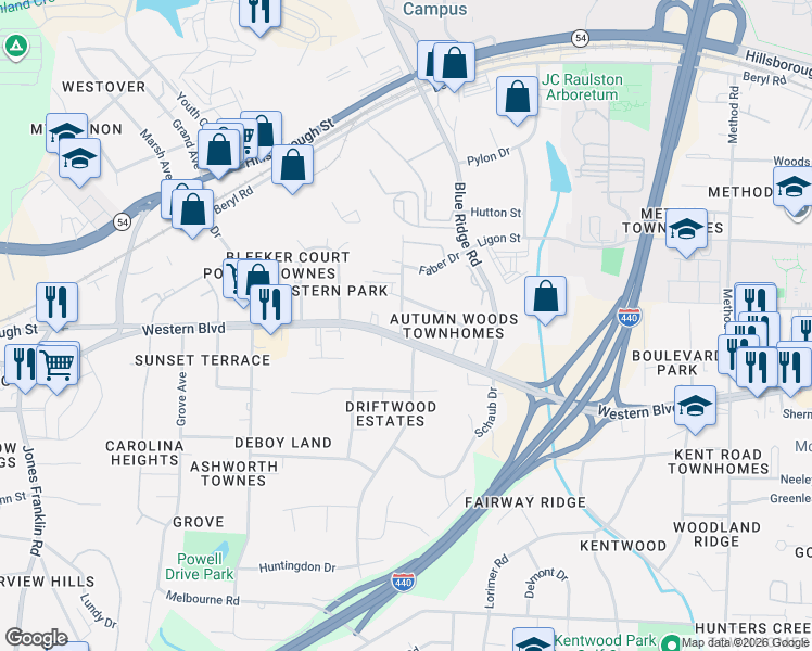map of restaurants, bars, coffee shops, grocery stores, and more near 805 Gannett Street in Raleigh