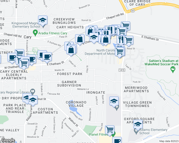 map of restaurants, bars, coffee shops, grocery stores, and more near 515 Webster Street in Cary