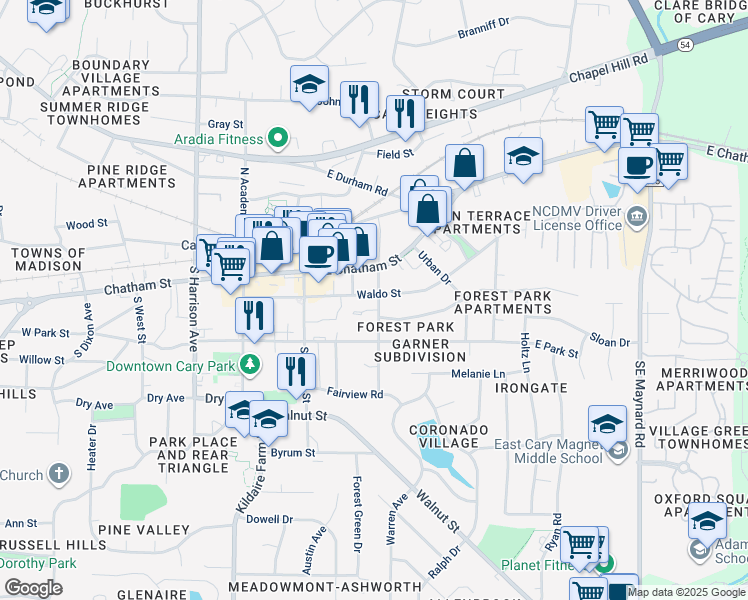 map of restaurants, bars, coffee shops, grocery stores, and more near 232 East Chatham Street in Cary