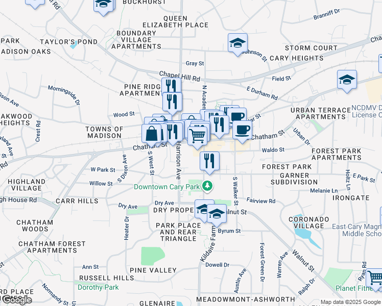 map of restaurants, bars, coffee shops, grocery stores, and more near 153 West Chatham Street in Cary