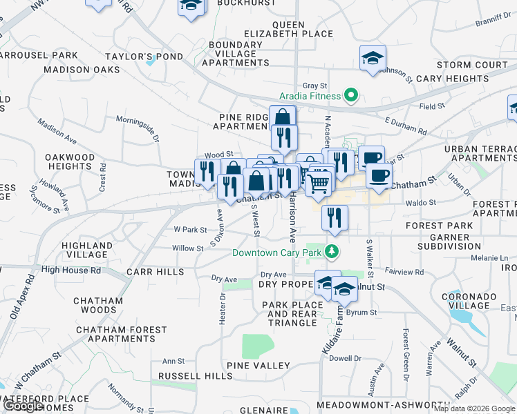 map of restaurants, bars, coffee shops, grocery stores, and more near 302 West Chatham Street in Cary