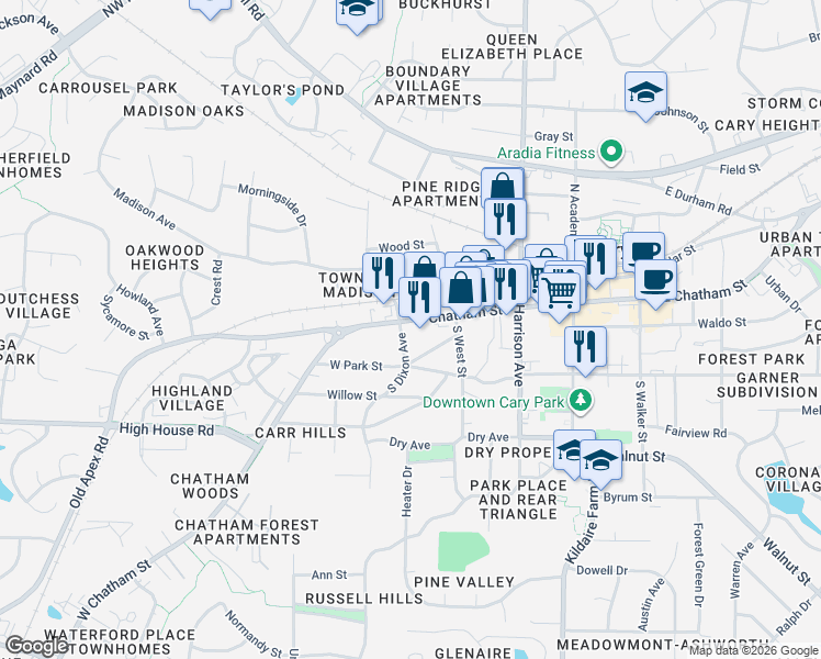 map of restaurants, bars, coffee shops, grocery stores, and more near 318 West Chatham Street in Cary