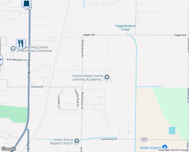 map of restaurants, bars, coffee shops, grocery stores, and more near 3605 Lexee Drive in Jonesboro