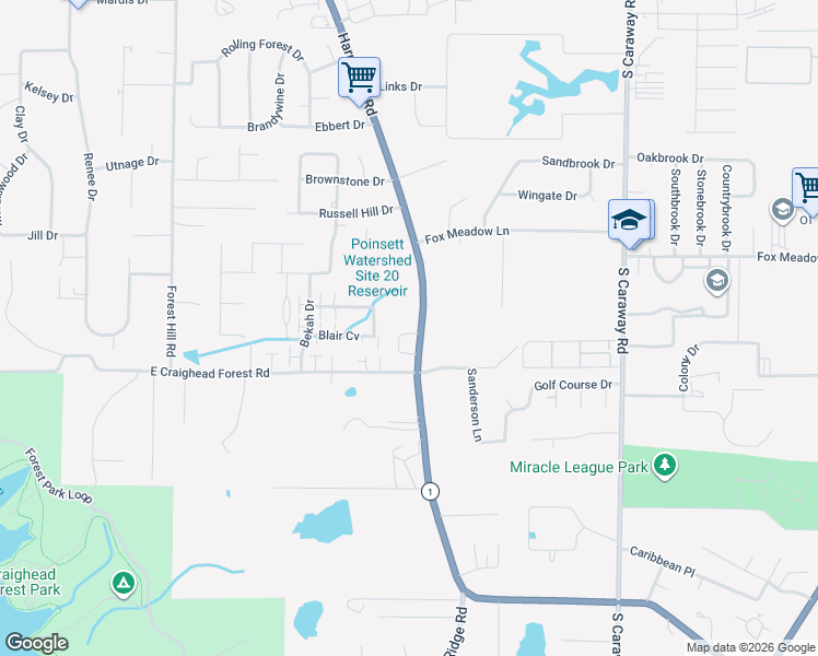 map of restaurants, bars, coffee shops, grocery stores, and more near 4510 Harrisburg Road in Jonesboro