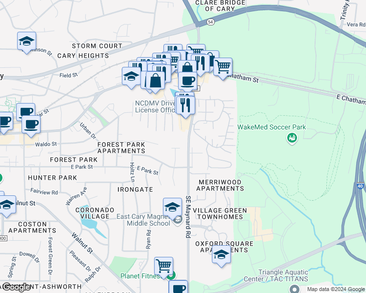 map of restaurants, bars, coffee shops, grocery stores, and more near 305 North Montreal Court in Cary