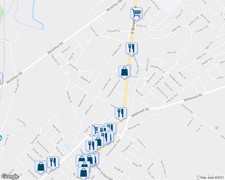 map of restaurants, bars, coffee shops, grocery stores, and more near 2368 Pennsylvania Avenue in Maryville