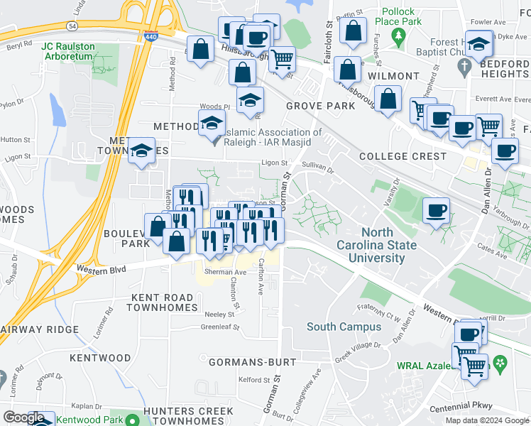 map of restaurants, bars, coffee shops, grocery stores, and more near 3809 Jackson Street in Raleigh