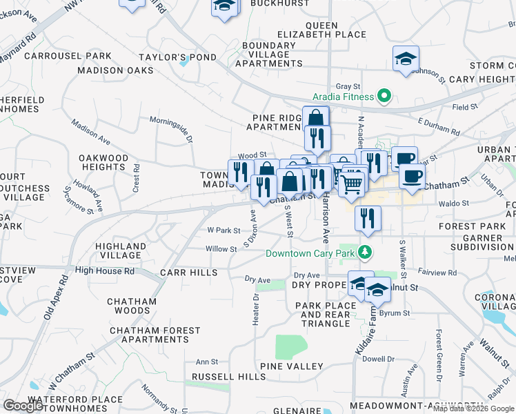 map of restaurants, bars, coffee shops, grocery stores, and more near 318 West Chatham Street in Cary