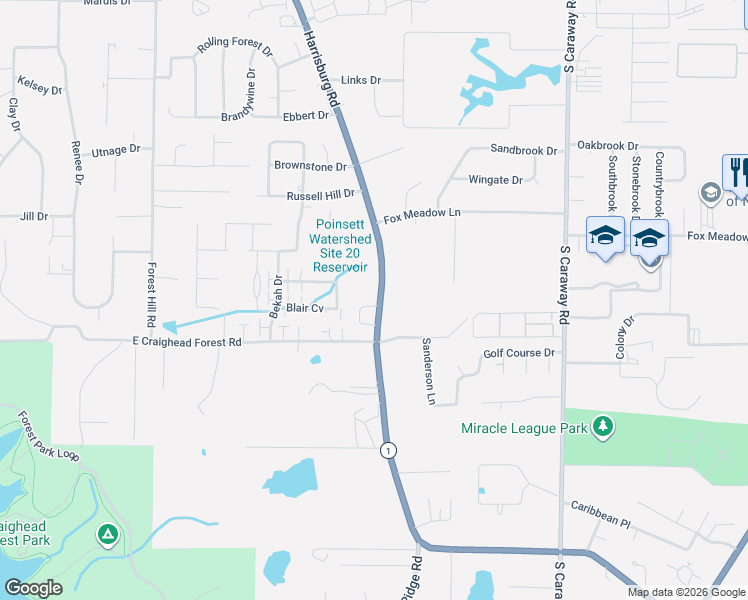 map of restaurants, bars, coffee shops, grocery stores, and more near 4510 Harrisburg Road in Jonesboro