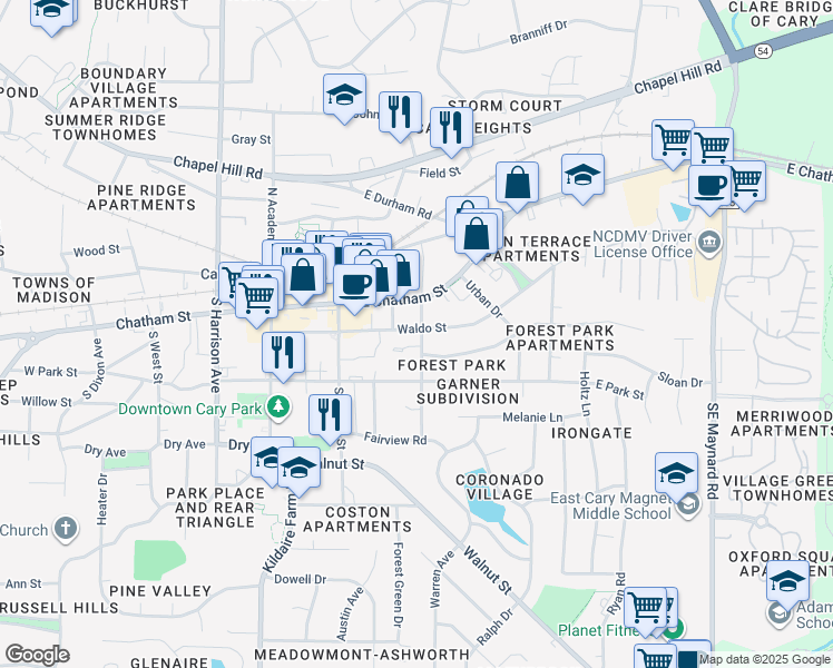 map of restaurants, bars, coffee shops, grocery stores, and more near 232 East Chatham Street in Cary