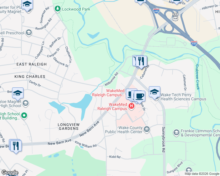 map of restaurants, bars, coffee shops, grocery stores, and more near 2802 Milburnie Road in Raleigh