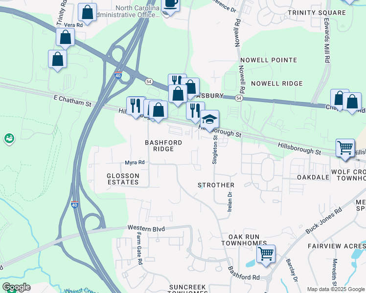 map of restaurants, bars, coffee shops, grocery stores, and more near 6100 Spice Ridge Lane in Raleigh