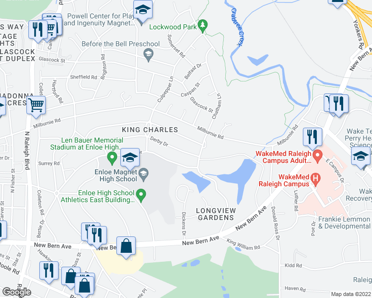 map of restaurants, bars, coffee shops, grocery stores, and more near 2457 Derby Drive in Raleigh