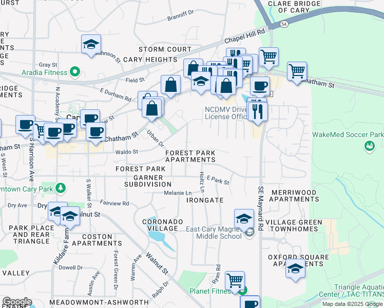 map of restaurants, bars, coffee shops, grocery stores, and more near 510 Webster Street in Cary