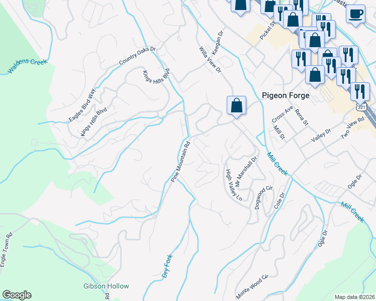 map of restaurants, bars, coffee shops, grocery stores, and more near 619 Pine Mountain Road in Pigeon Forge