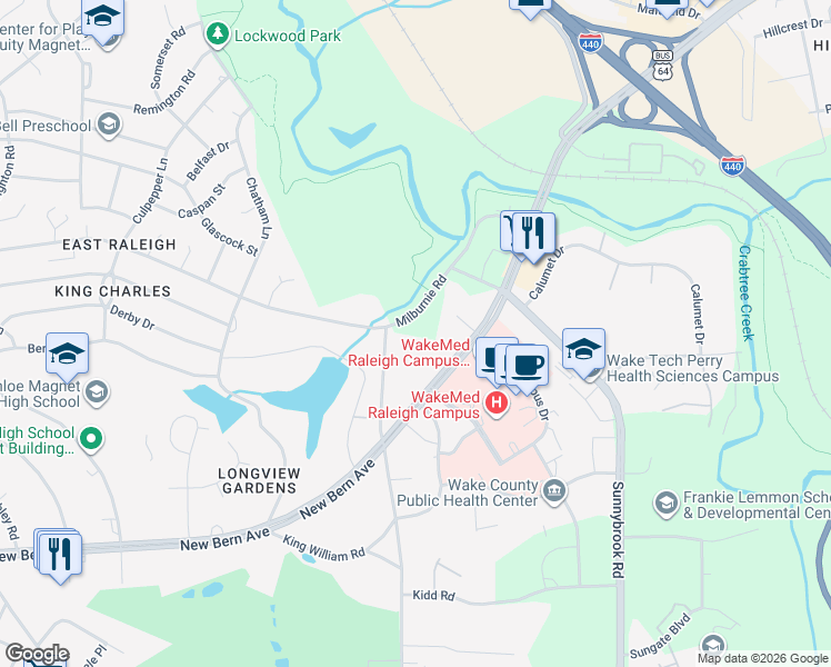 map of restaurants, bars, coffee shops, grocery stores, and more near 2802 Milburnie Road in Raleigh