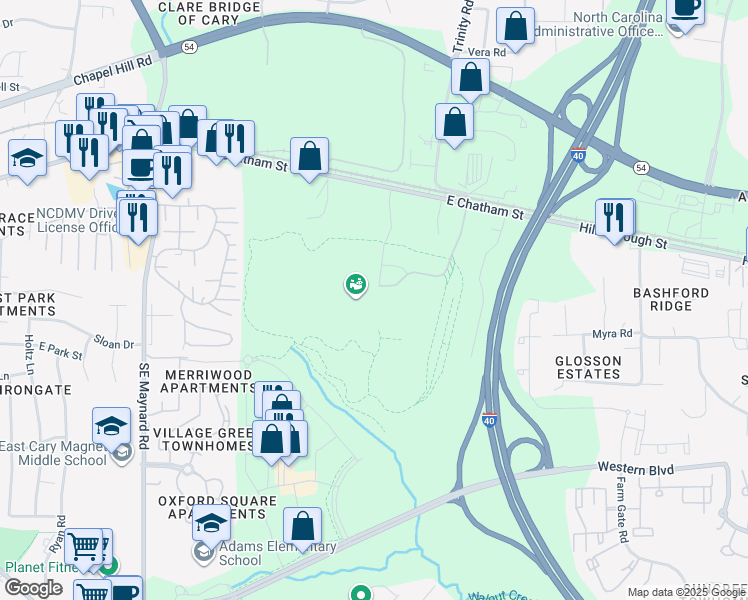 map of restaurants, bars, coffee shops, grocery stores, and more near 201 Soccer Park Drive in Cary